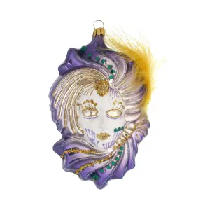 Venetian Mask with Yellow Feather Polish Glass Purple Mardi Gras Tree Ornament