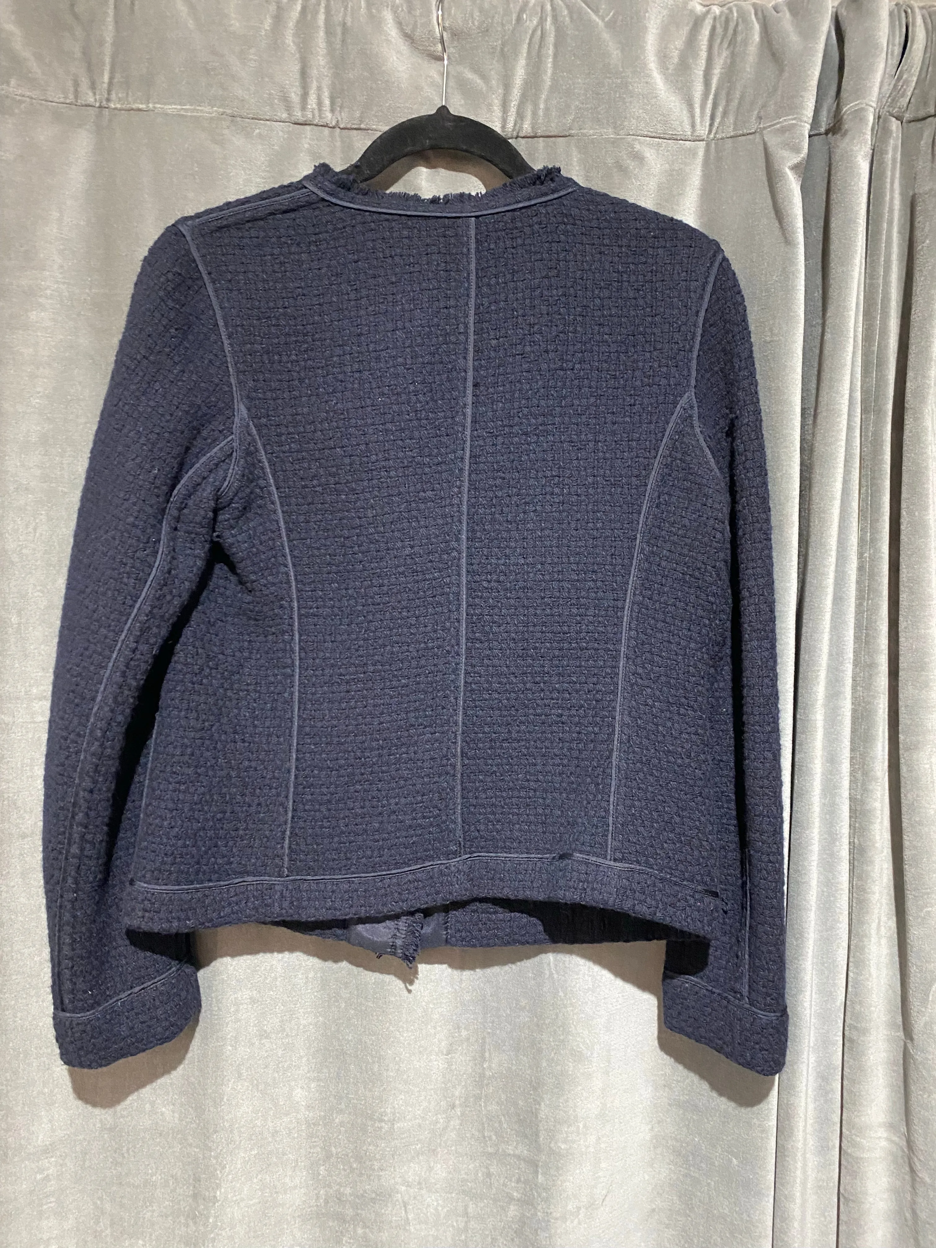 Vince Navy Fringe Trimmed Tweed Snap Closure Blazer