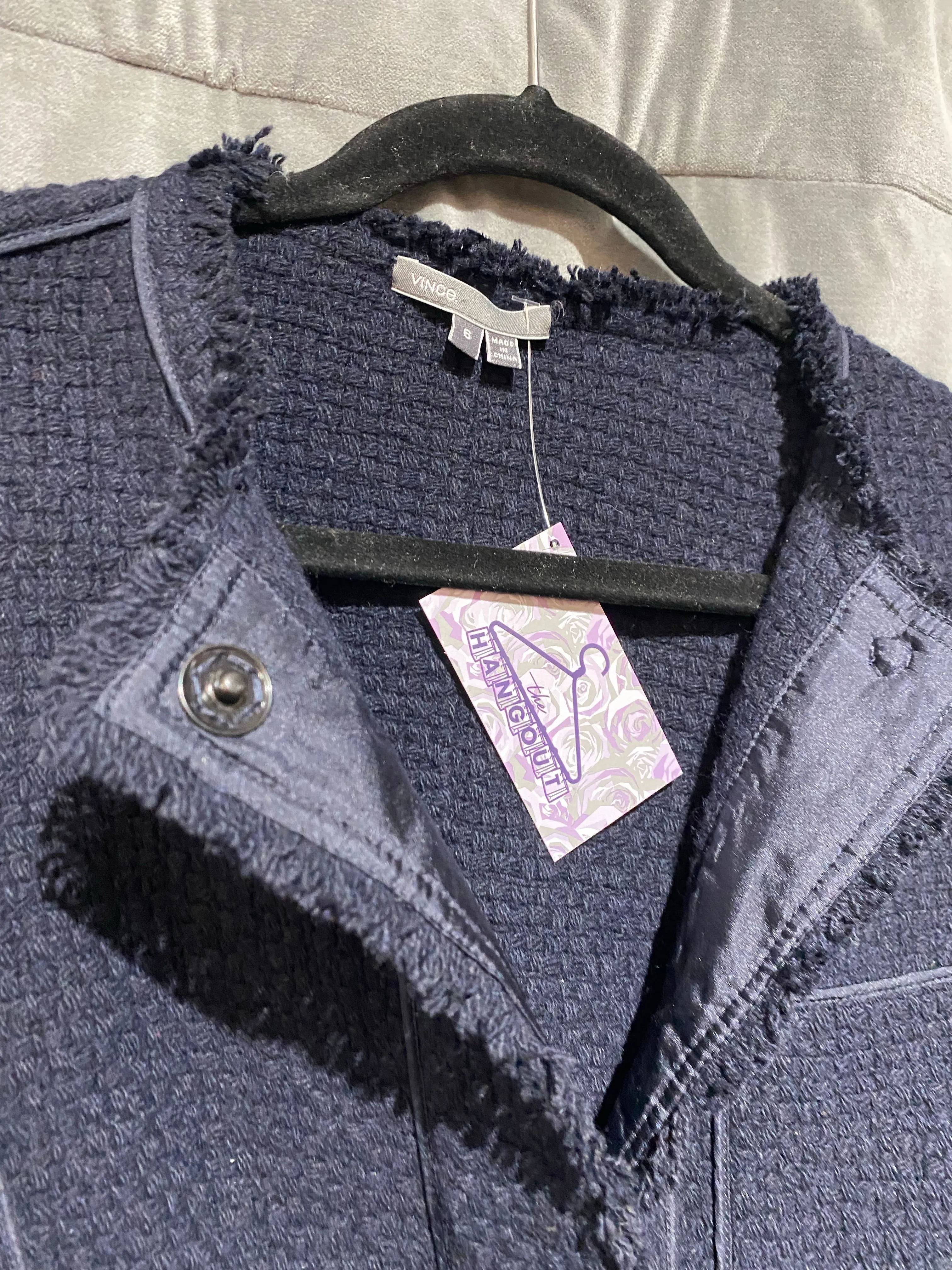 Vince Navy Fringe Trimmed Tweed Snap Closure Blazer