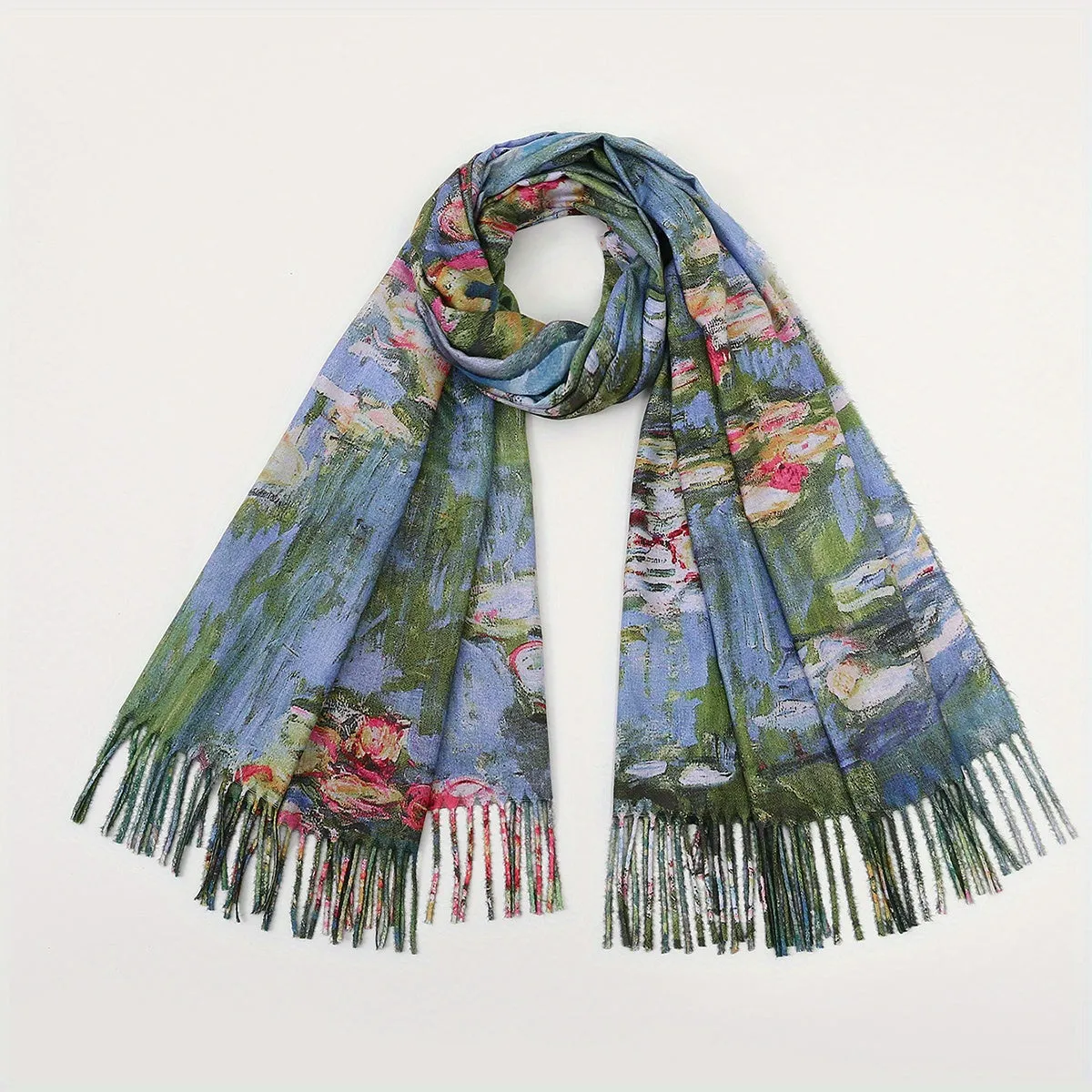 Vintage-Inspired Oil Painting Print Scarf - Soft, Warm, and Cozy Cashmere-Feel Shawl for Fall and Winter - Long, Coldproof, and Stylish Tassel Scarf with Imitation Cashmere Fabric