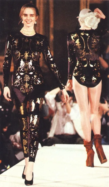 Vivienne Westwood 1992 'Salon' Black Corset Top with Red Metallic Boulle Foil Print