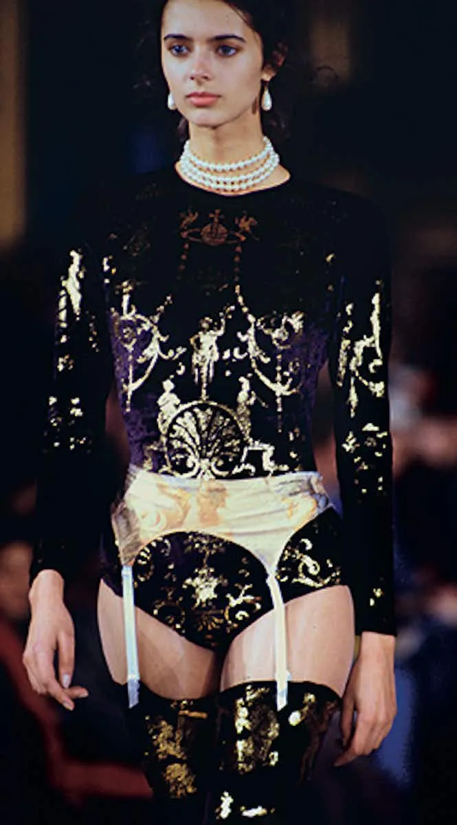 Vivienne Westwood 1992 'Salon' Black Corset Top with Red Metallic Boulle Foil Print