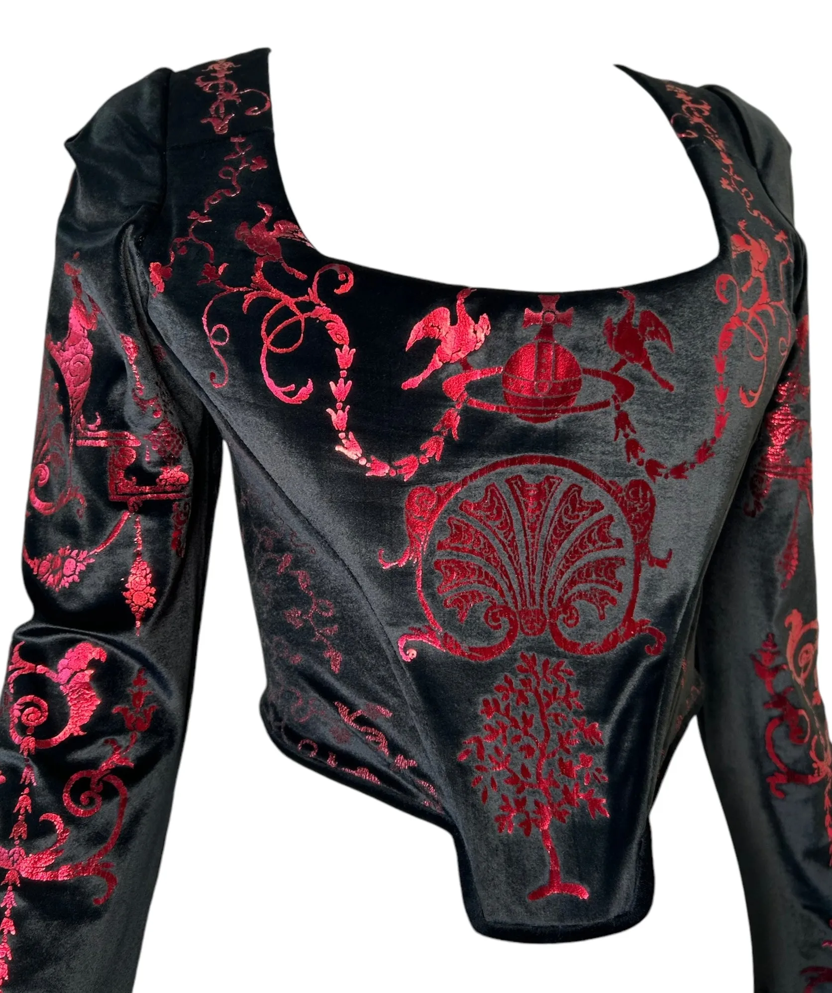 Vivienne Westwood 1992 'Salon' Black Corset Top with Red Metallic Boulle Foil Print