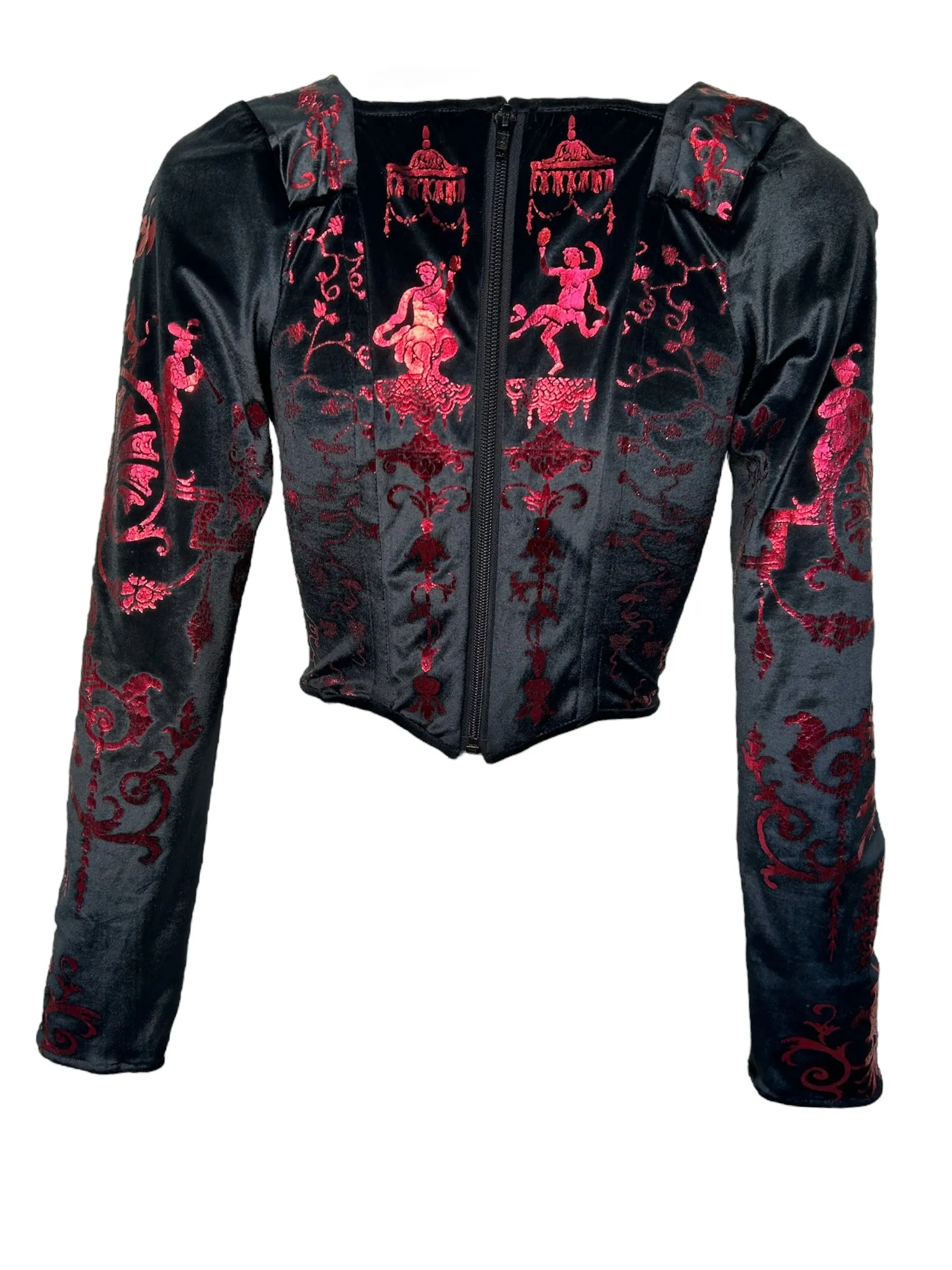 Vivienne Westwood 1992 'Salon' Black Corset Top with Red Metallic Boulle Foil Print