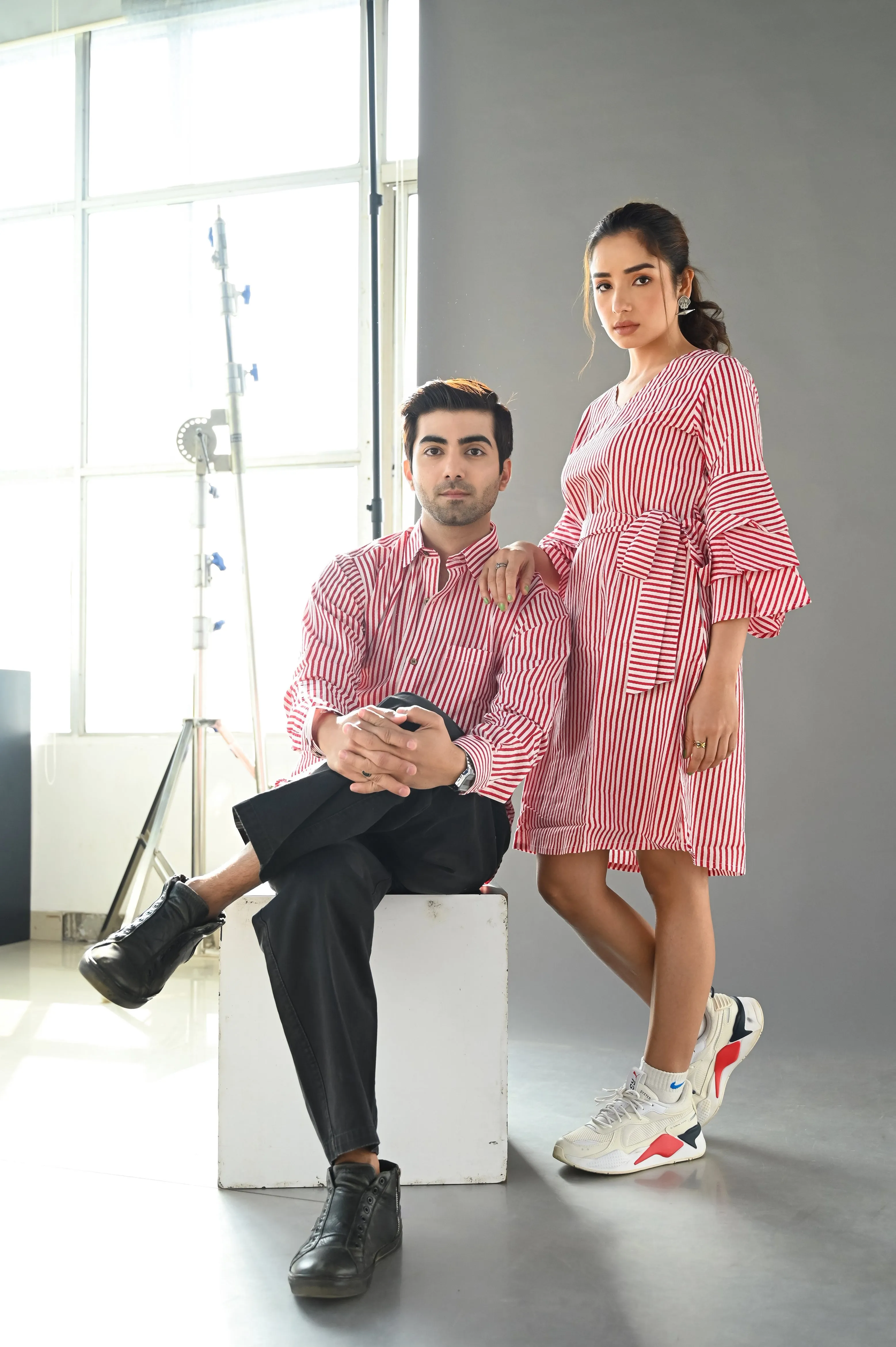 White & Red "Valentine" Striped Cotton Dress & Shirt Combo