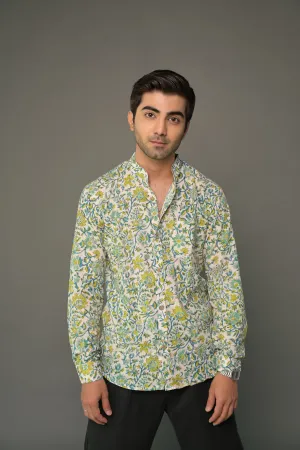 White green madarin collared floral shirt