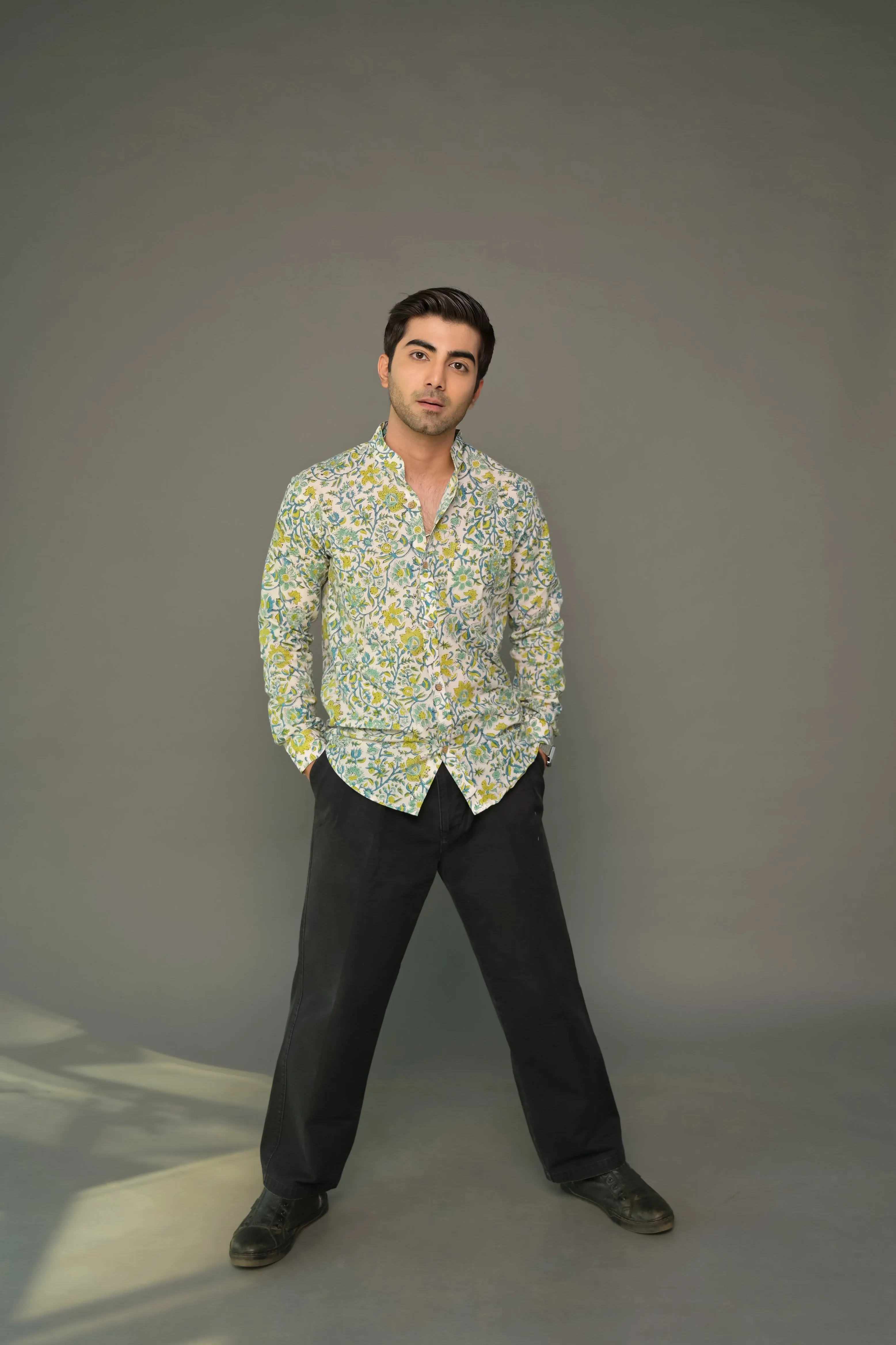 White green madarin collared floral shirt