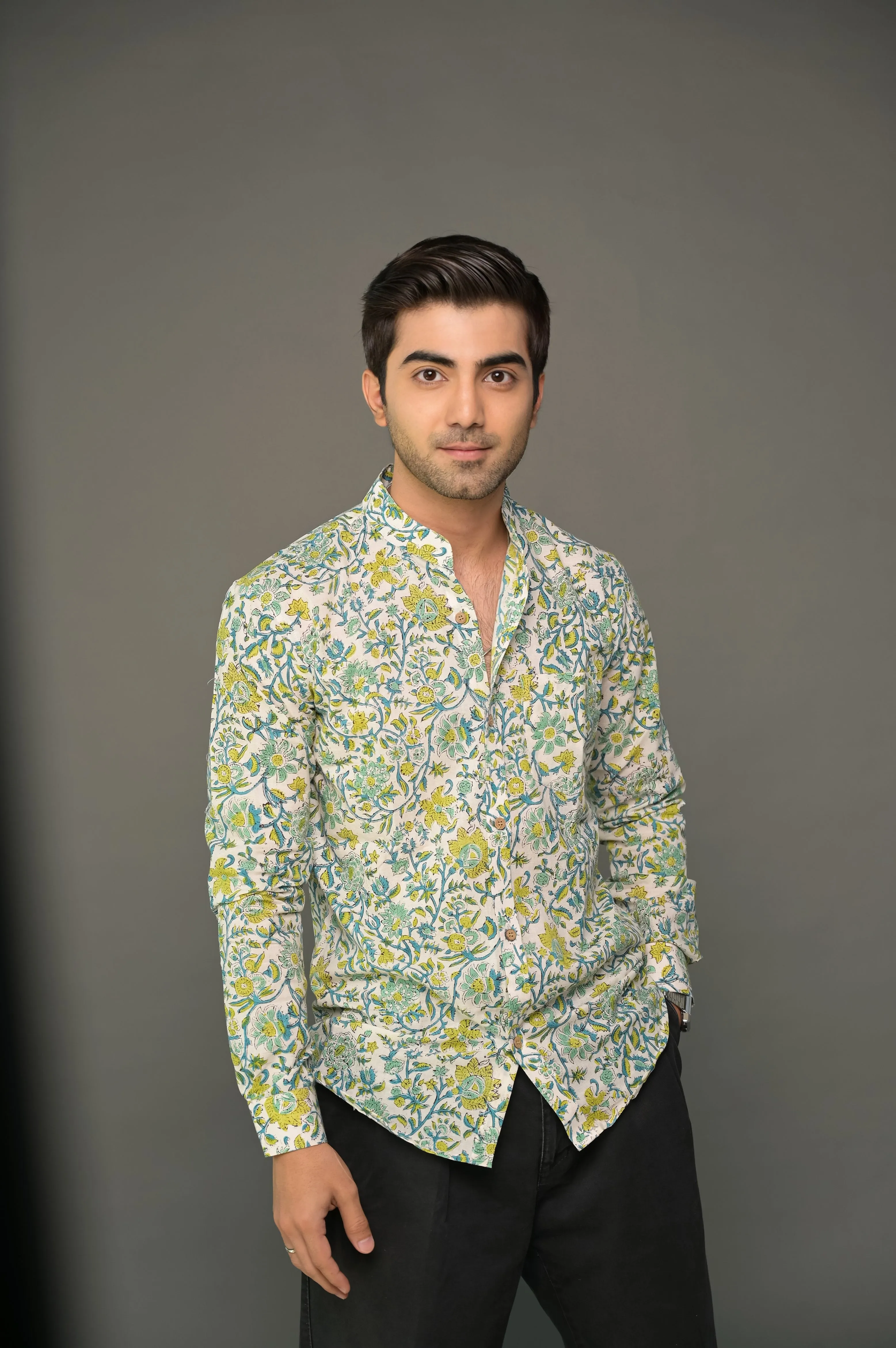 White green madarin collared floral shirt