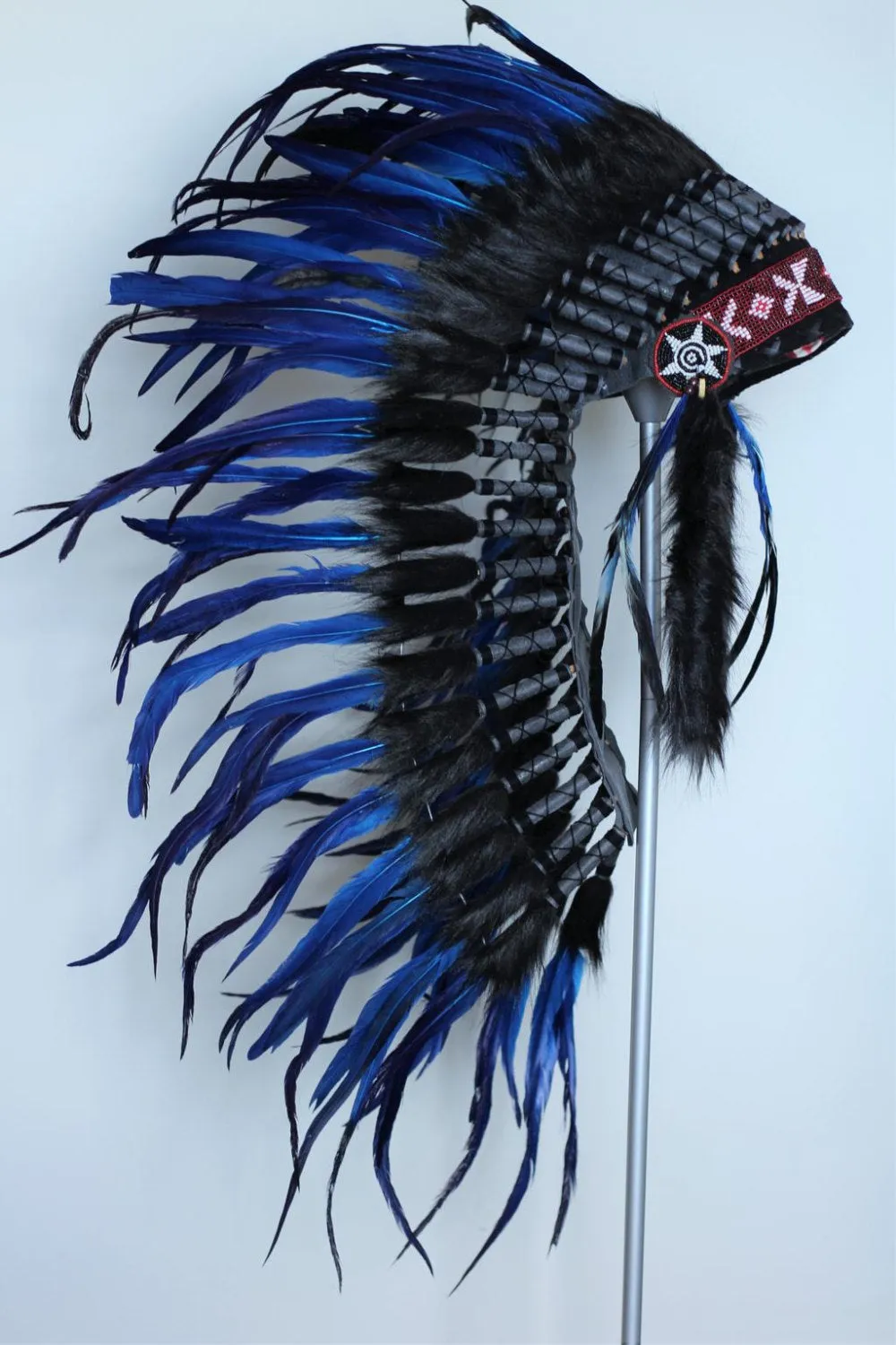 Y06 - Indian Native American , War bonnet , Medium Electric Blue Feather Headdress (36 inch long )..