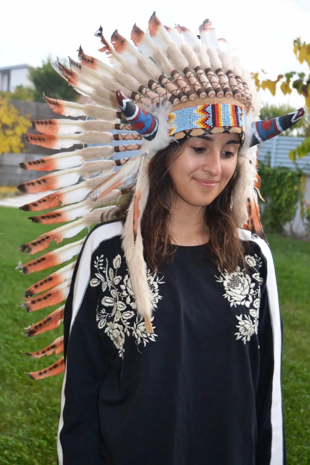 Y25 Medium three colors brown , Feather Headdress with horns ( 36inch long)
