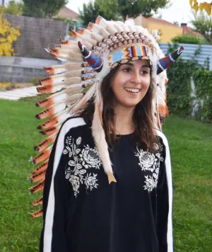 Y25 Medium three colors brown , Feather Headdress with horns ( 36inch long)