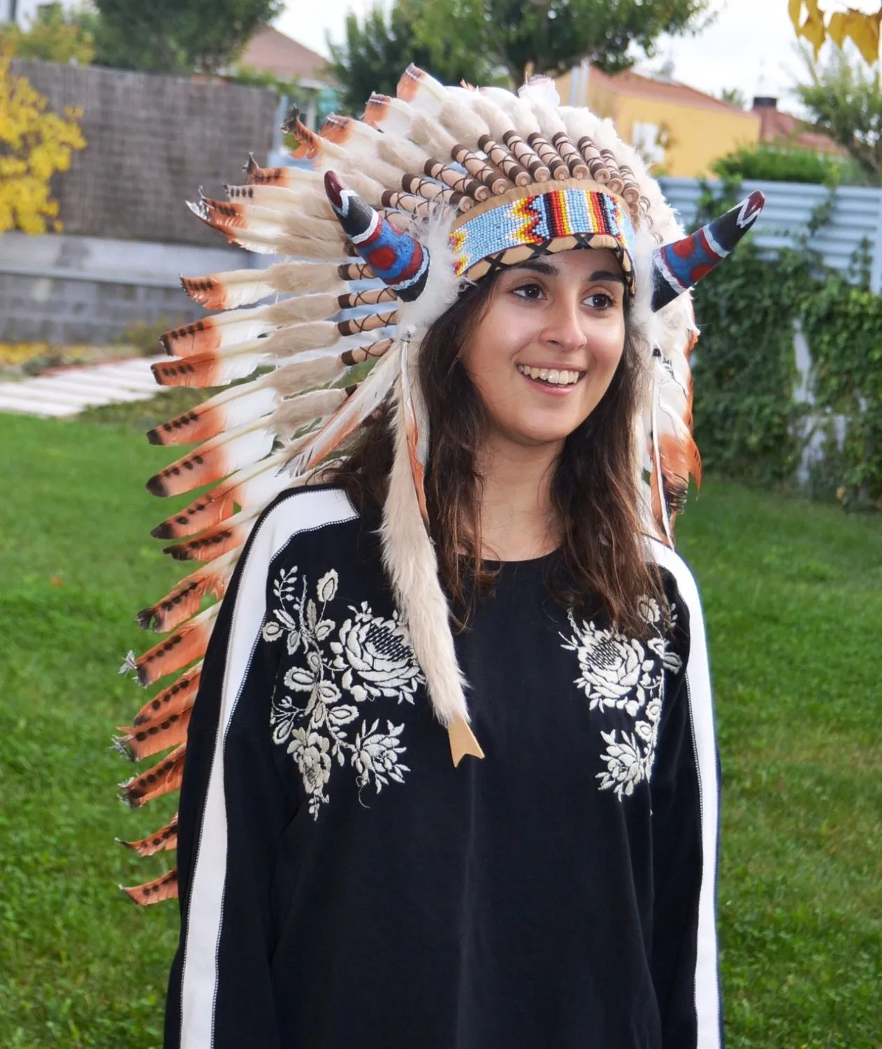 Y25 Medium three colors brown , Feather Headdress with horns ( 36inch long)