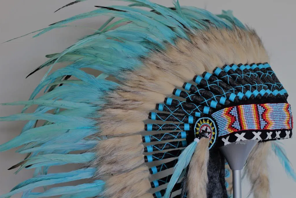 Y34 - PRICE REDUCED Medium Indian Style  Turquoise Feather Headdress (36 inch long ).