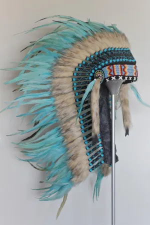 Y34 - PRICE REDUCED Medium Indian Style  Turquoise Feather Headdress (36 inch long ).